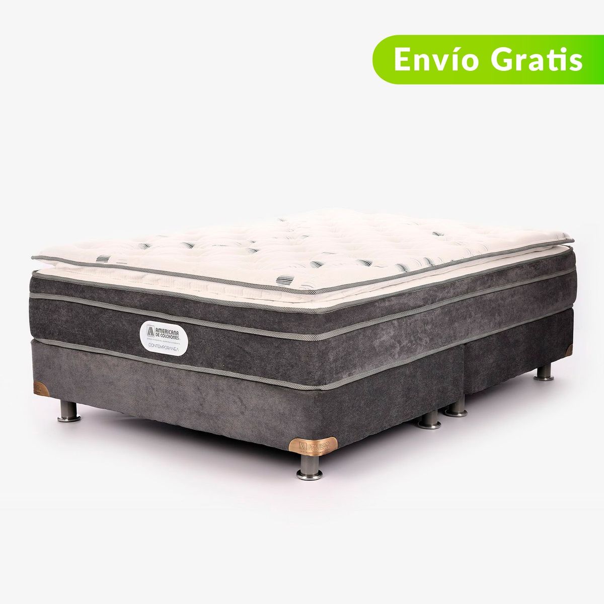 AMERICANA DE COLCHONES - Colchón con Base Cama Doble Firmeza Suave Ortopédico Resortado con Pillow American Silver 140 x 190 cm + 2 Almohadas Americana de Colchones