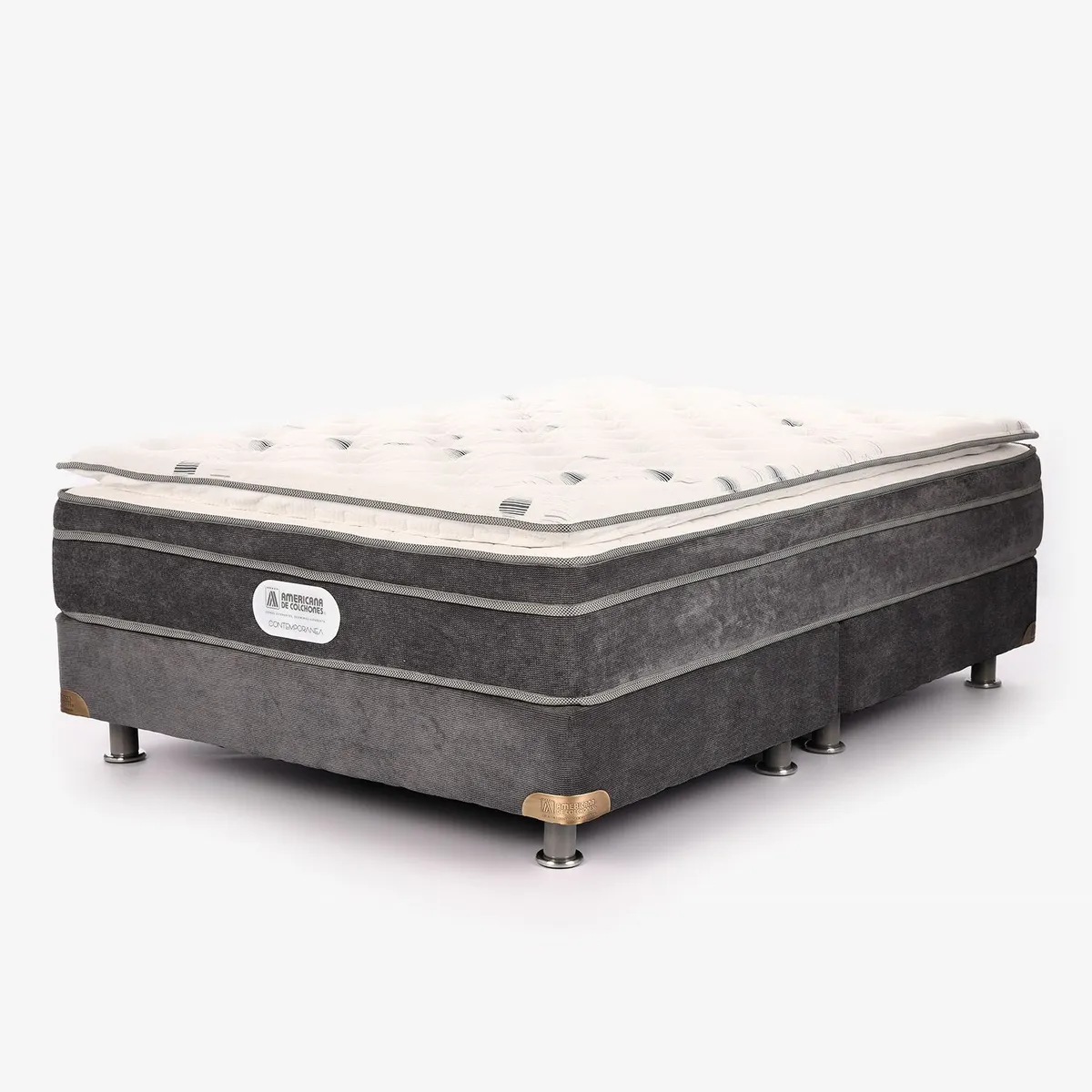 AMERICANA DE COLCHONES - Colchón con Base Cama Doble Firmeza Suave Ortopédico Resortado con Pillow American Silver 140 x 190 cm + 2 Almohadas Americana de Colchones