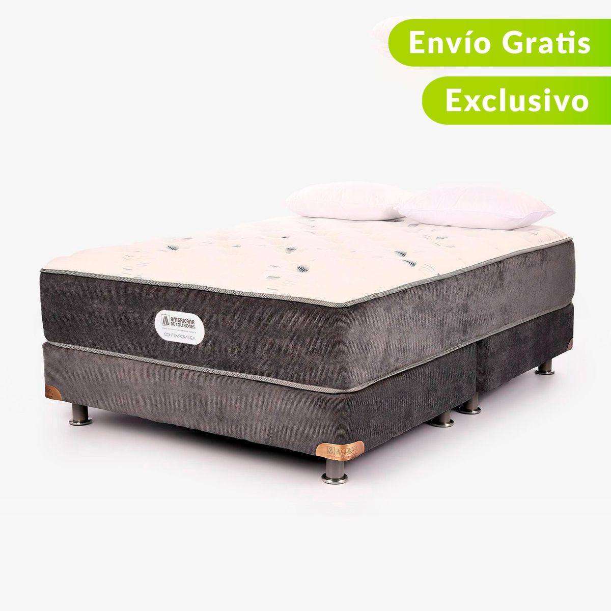 AMERICANA DE COLCHONES - Colchón con Base Cama Doble Firmeza Media Ortopédico Resortado American Silver 140 x 190 cm + 2 Almohadas Americana de Colchones