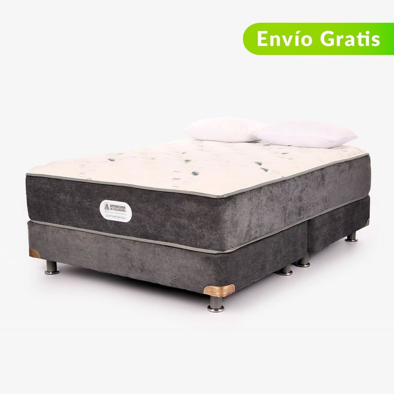 AMERICANA DE COLCHONES - Colchón con Base Cama Queen Firmeza Media Ortopédico Resortado American Silver 160 x 190 cm + 2 Almohadas Americana de Colchones - 0% Interés a 3, 6 o 12 Cuotas Pagando con tu CMR Banco Falabella