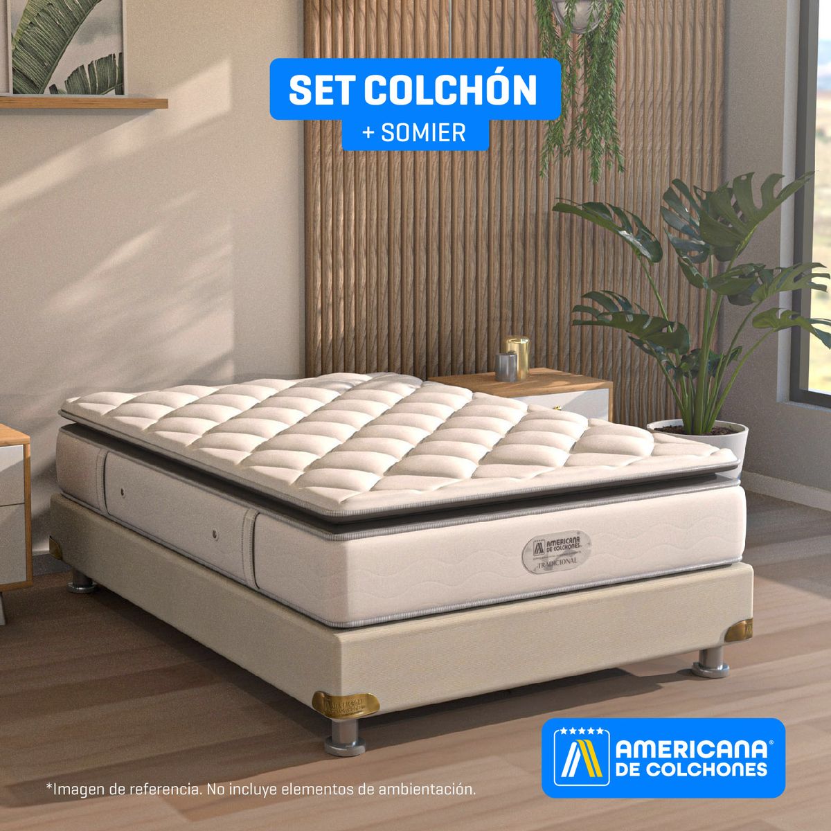 AMERICANA DE COLCHONES - Colchón con Base Cama Semidoble Firmeza Media Ortopédico Resortado con Pillow A-Cinco 120 x 190 cm Americana de Colchones