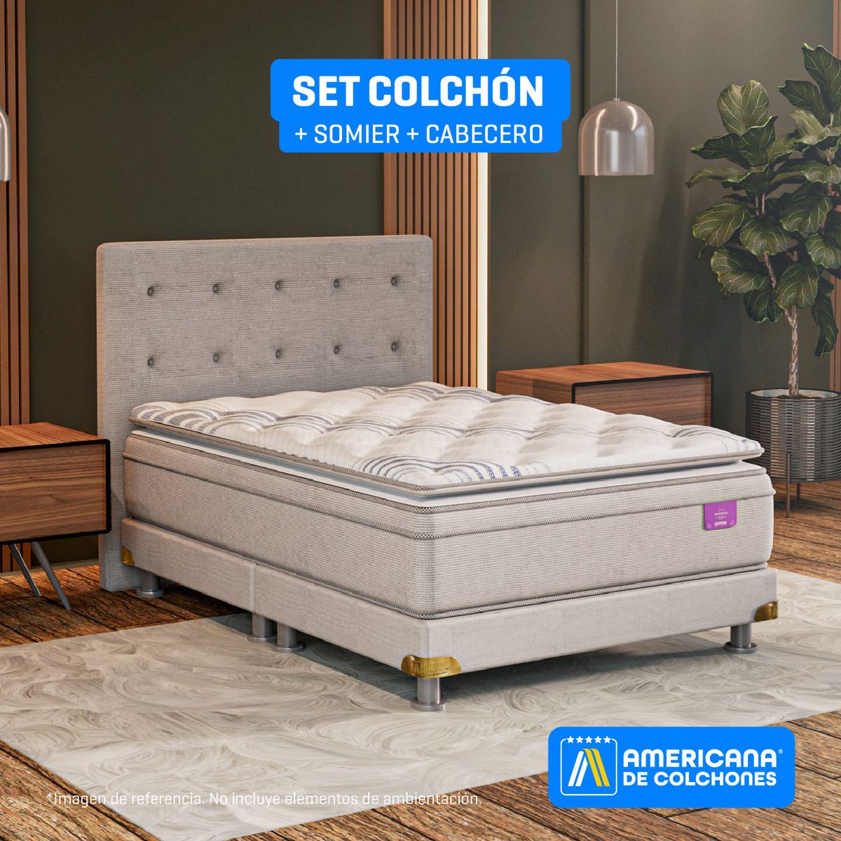 AMERICANA DE COLCHONES - Colchón con Base Cama Queen Firmeza Media Ortopédico Resortado con Pillow Premium Top 160 x 190 cm Americana de Colchones