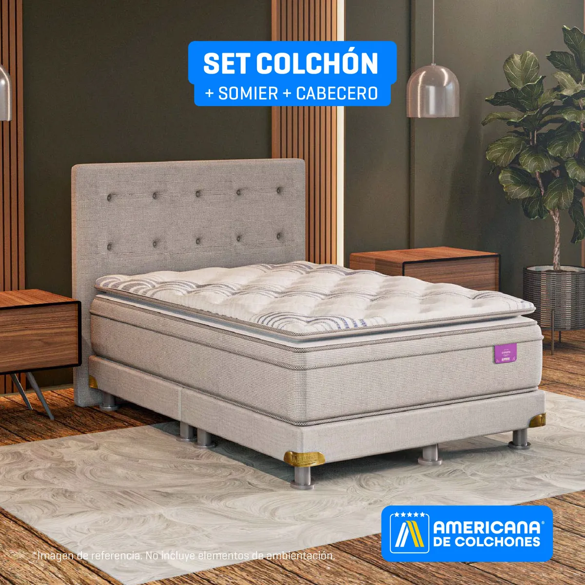 AMERICANA DE COLCHONES - Colchón con Base Cama King Firmeza Media Ortopédico Resortado con Pillow Premium Top 200 x 200 cm Americana de Colchones