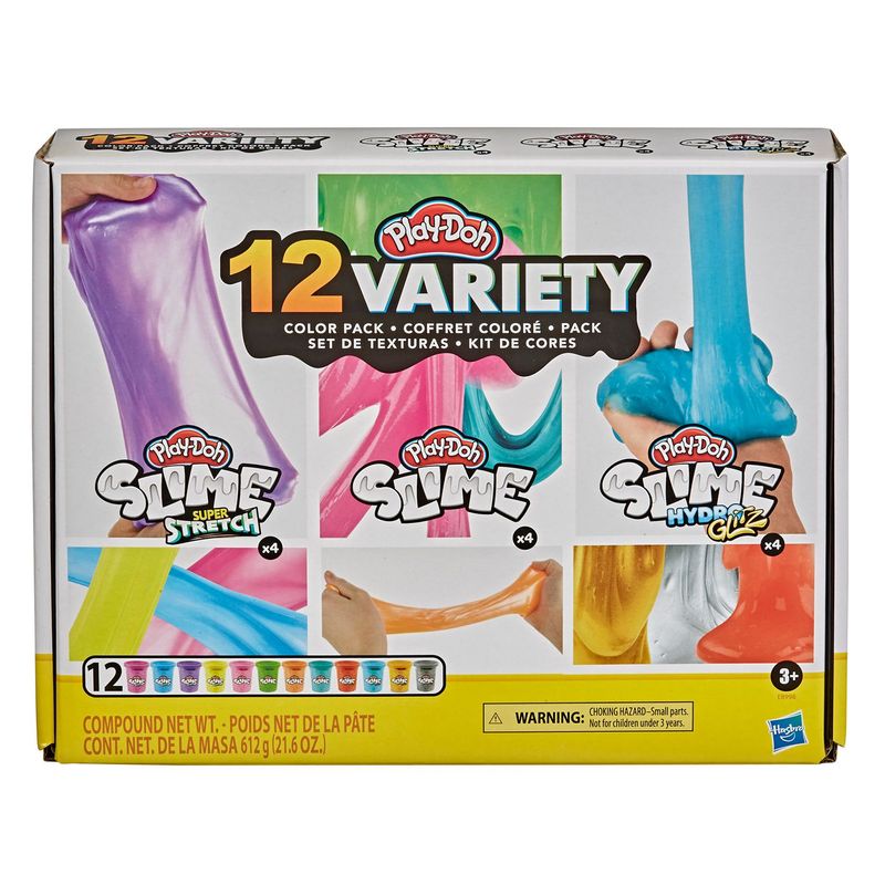 PLAY DOH - Texturas Play Doh 12 pack, incluye herramienta de prensa, cuchillo, 4 latas de Slime, 4 latas de Slime HydroGlitz y 4 latas de slime Super Stretch. (A partir de 3 años)