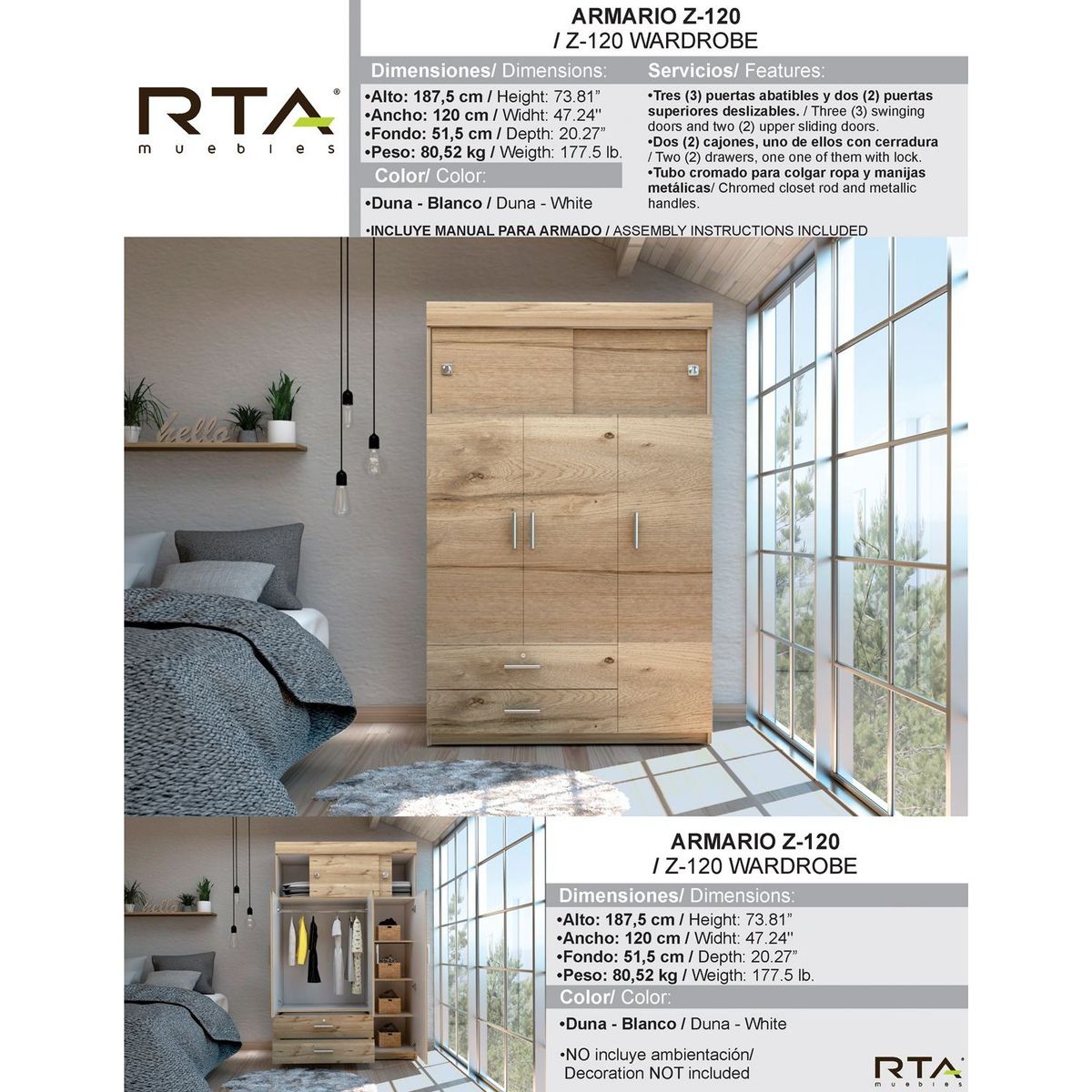 RTA DESIGN - Closet Moderno en Aglomerado MDP 5 Puertas 2 Cajones 188 x 120 x 52 cm RTA Design  - Mueble