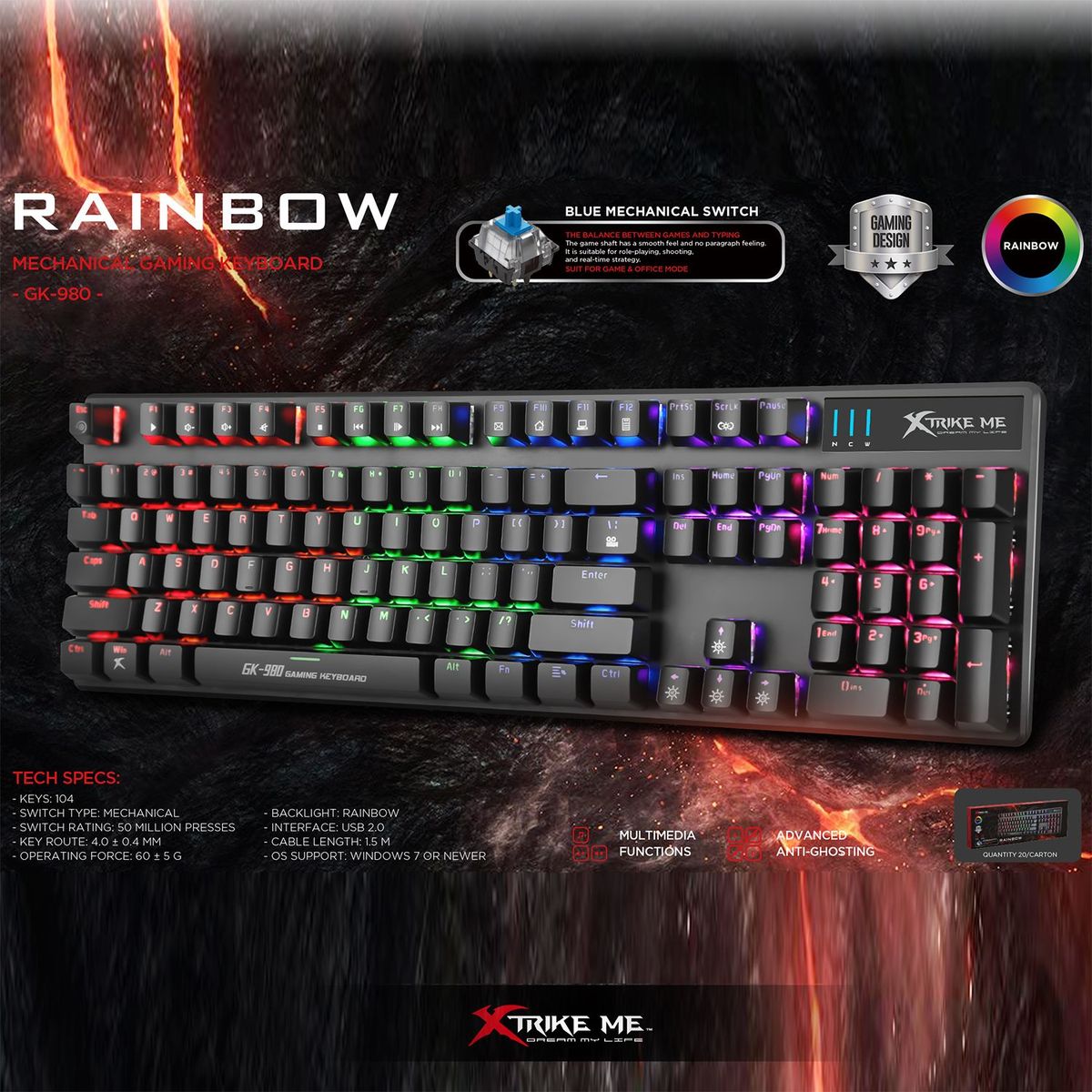 XTRIKE ME - Teclado Gamer Mecánico Xtrike Me 7 Colores Con Numerico. Teclado ergonómico para computador