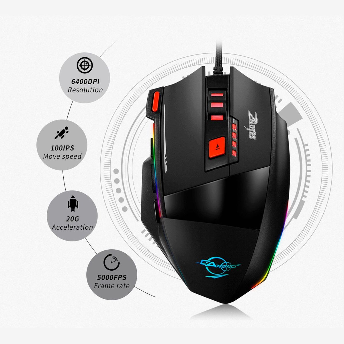 ZELOTES - Mouse Gamer C17 6400 Dpi Usb 8 Botones