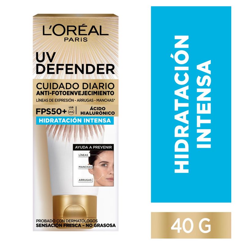LOREAL PARIS - Fotoprotector Crema UVDefender Hidratación FPS Loreal Paris para Todo tipo de piel 40 g 