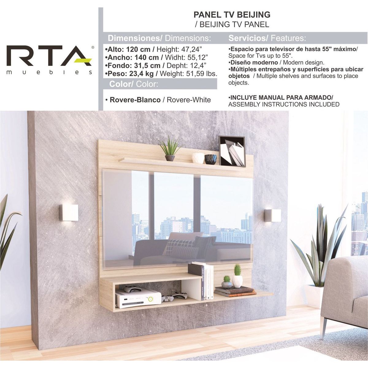 RTA DESIGN - Panel para TV Moderno de 140 x 120 x 315 cm para Televisores de Hasta 60 Pulgadas, RTA Muebles