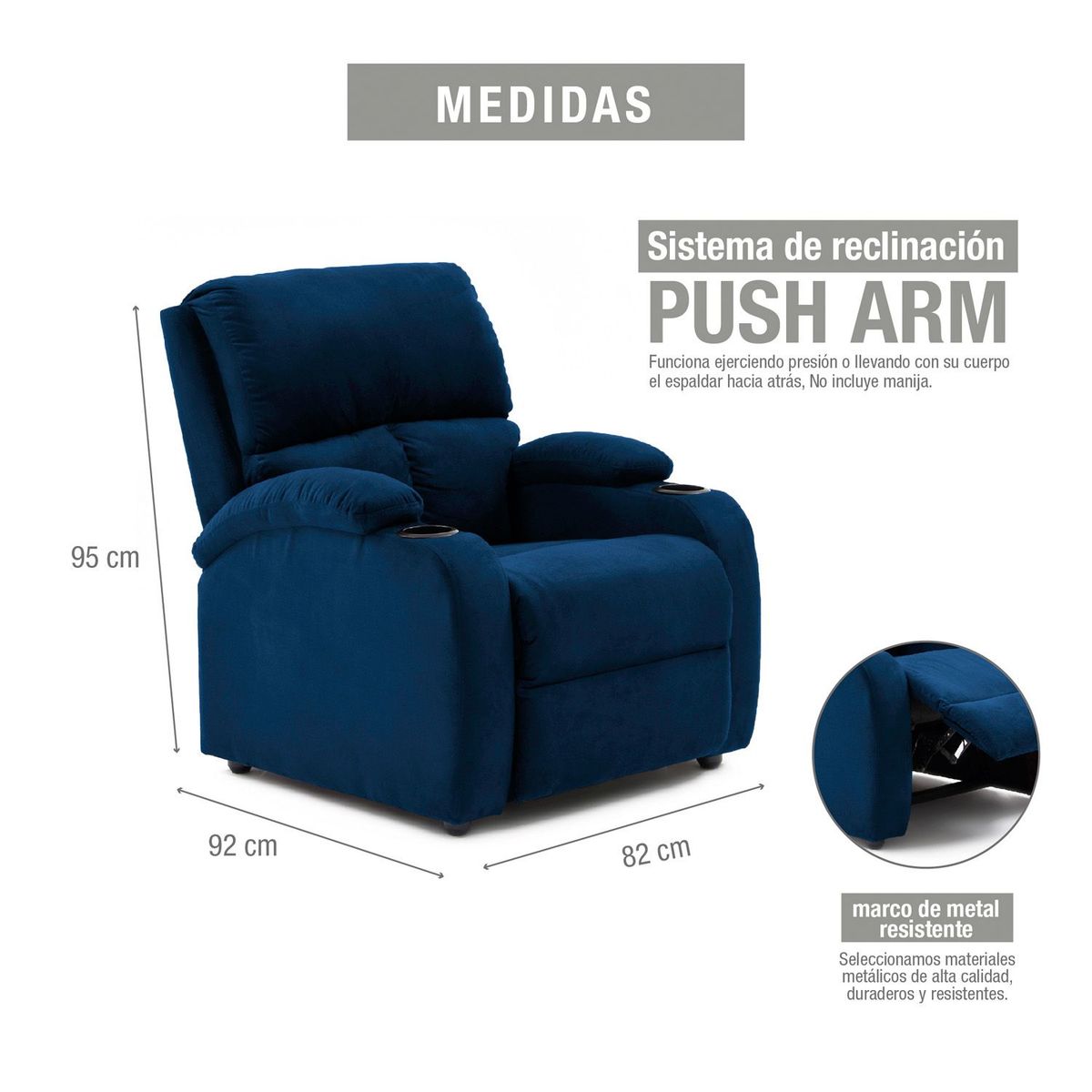 MICA - Silla Reclinable Moderna 1 Puesto Microfibra Push Arm New Rest 82 x 92 x  95 cm Mica - Mueble