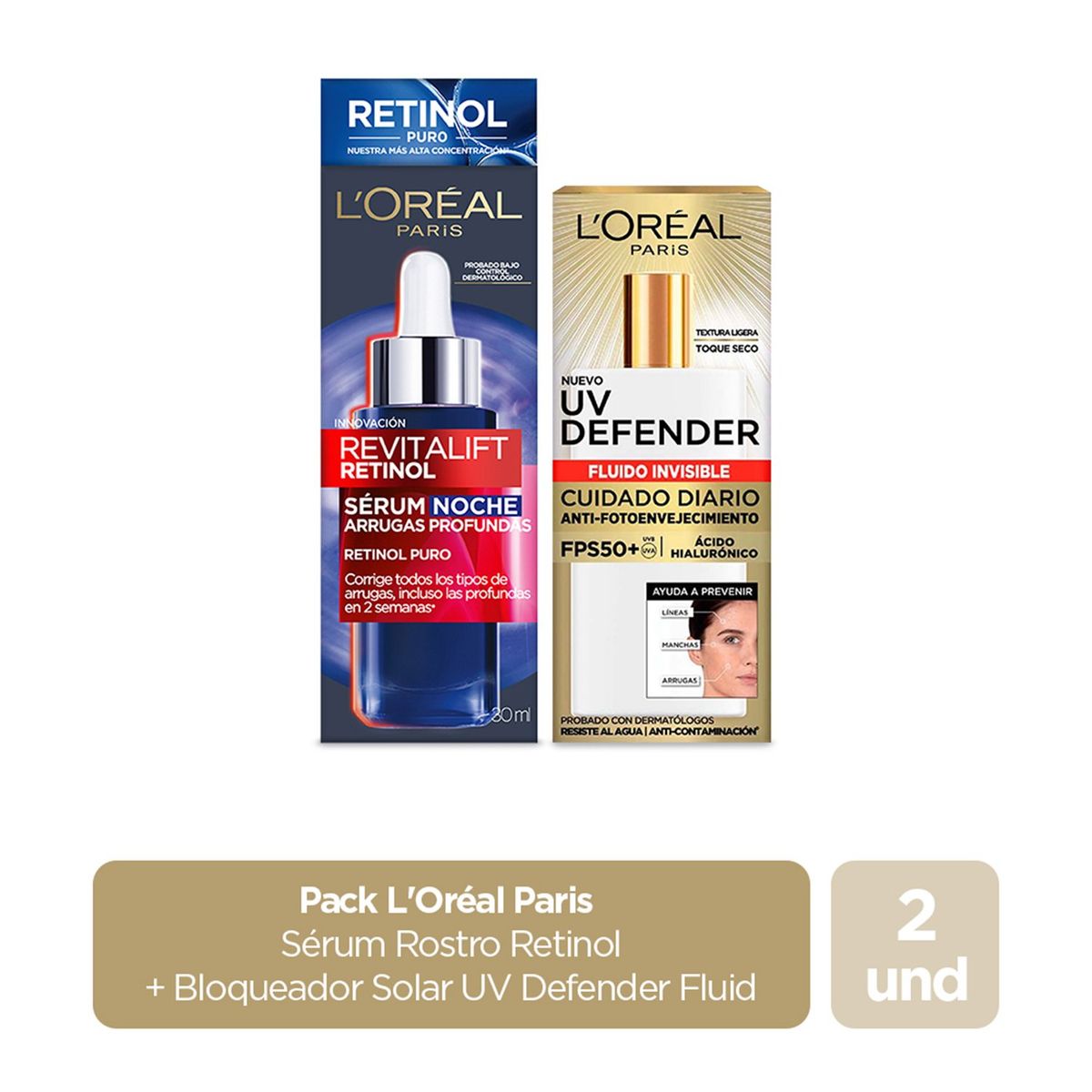 LOREAL PARIS - Pack Loreal Paris Incluye: Serúm Rostro Retinol + Bloqueador Solar UV Defender Fluid
