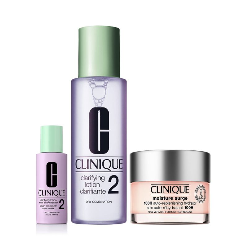 CLINIQUE - Set Hidratante facial Exfoliante Calrifying Lotion 2 Piel seca 200 ml + Hidratante Moisture Surge 100H Todo tipo de piel 50 ml + Sample Loción Clarificante para Piel Seca 30 ml Clinique Incluye: 3 Productos