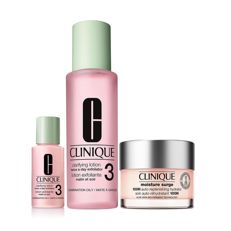 CLINIQUE - Set Hidratante facial Exfoliante Clarifying Lotion 3 para Piel Mixta 200 ml + Hidratante Moisture Surge 100H Todo tipo de piel 50 ml + Sample Loción Clarificante para Piel Seca 30 ml Clinique Incluye: 3 Productos