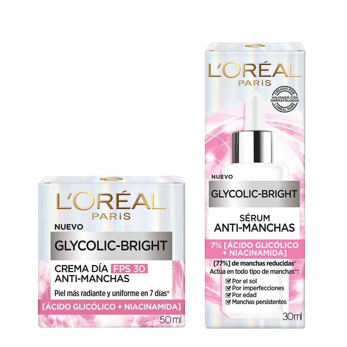 LOREAL PARIS - Sérum Glycolic Bright: Rostro Ácido Glicólico + Crema Día Antimanchas Glycolic Bright SPF 30 Loreal Paris Incluye: 2 Productos