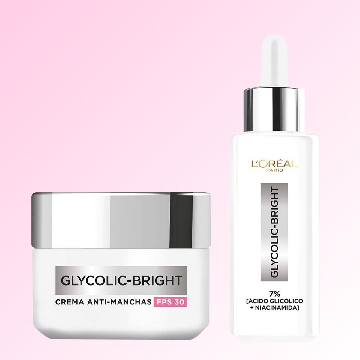 LOREAL PARIS - Sérum Glycolic Bright: Rostro Ácido Glicólico + Crema Día Antimanchas Glycolic Bright SPF 30 Loreal Paris Incluye: 2 Productos