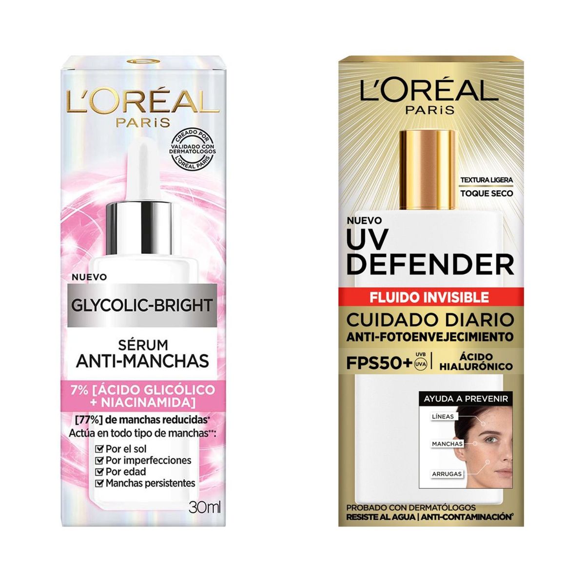 LOREAL PARIS - Pack LOreal Paris Serum Rostro Ácido Glicólico + Protector Solar UV Defender Fluid