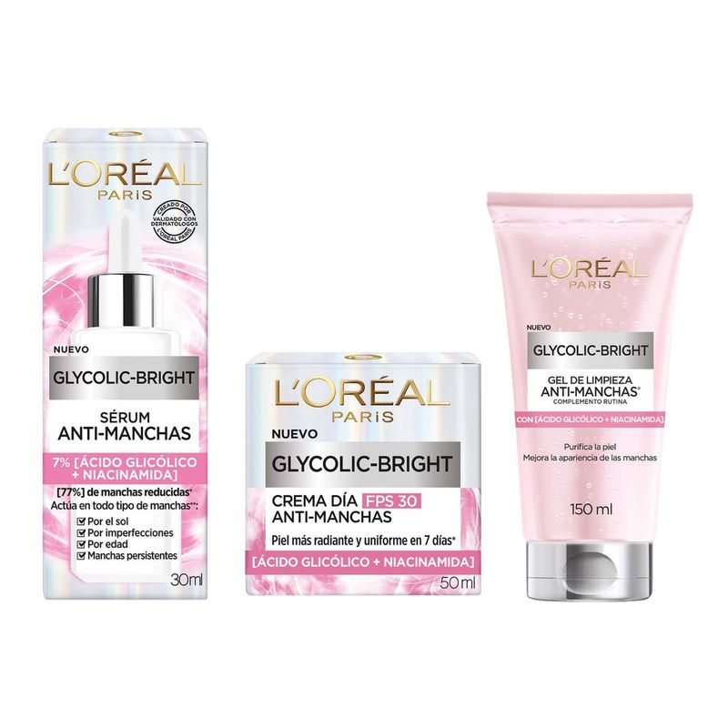  - Pack LOreal Paris Ácido Glicólico Serum Rostro + Crema Día + Gel Limpiador