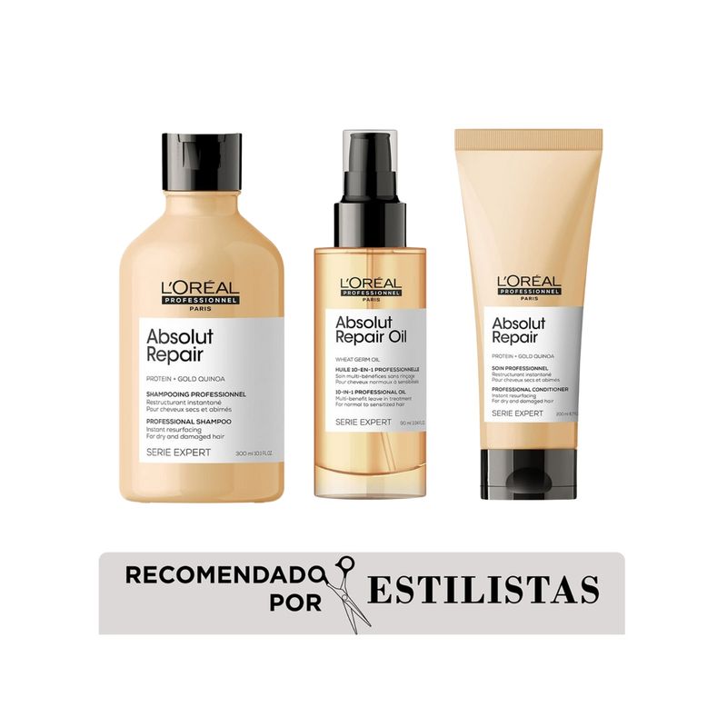 LOREAL PROFESSIONNEL - Rutina LOréal Professionnel Absolut Repair reparación cabello dañado (shampoo 300 ml + Acondicionador 200 ml + Serum 90 ml) 
