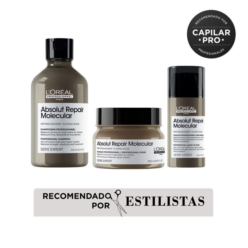LOREAL PROFESSIONNEL - Rutina LOréal Professionnel Absolut Repair Molecular para cabello muy dañado (shampoo 300 ml + Mascarilla 250 ml + Leave In 100ml)