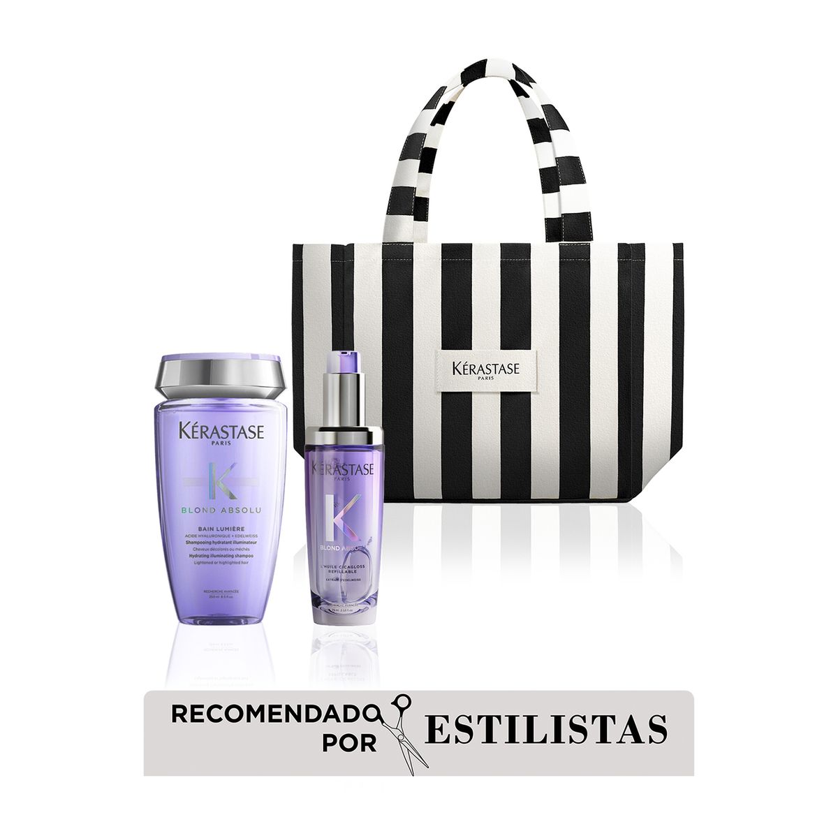 KERASTASE - Kit Blond Absolu kérastase x Summer -  Bain Lumiere 250ML, Aceite Blond Absolut LHuile Cicagloss 75ml, tote bag Black White