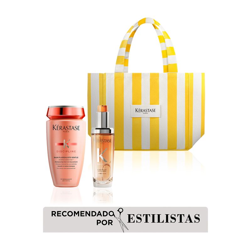 KERASTASE - Kit Discipline kérastase x Summer -  Bain Fluidealist Control Frizz  250ML, Aceite Discipline Oleo Relax 75ml , tote bag Yellow White