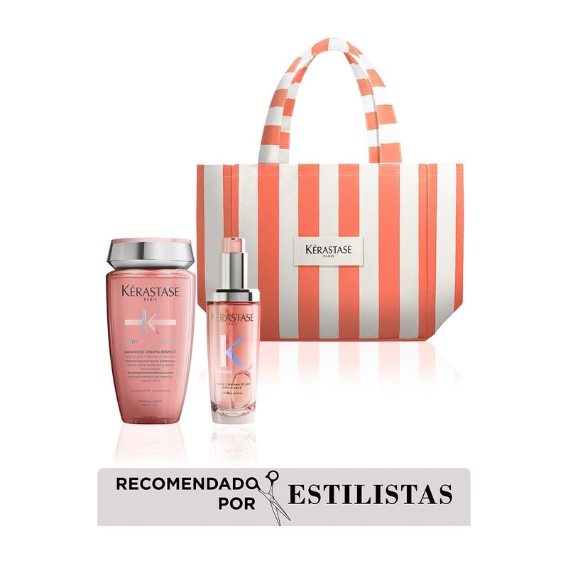 KERASTASE - Kit Chroma Absolu kérastase x Summer -  Respect Hidratación 250ML, Aceite Chroma LHuile Chroma Eclat 75ml, tote bag Red White