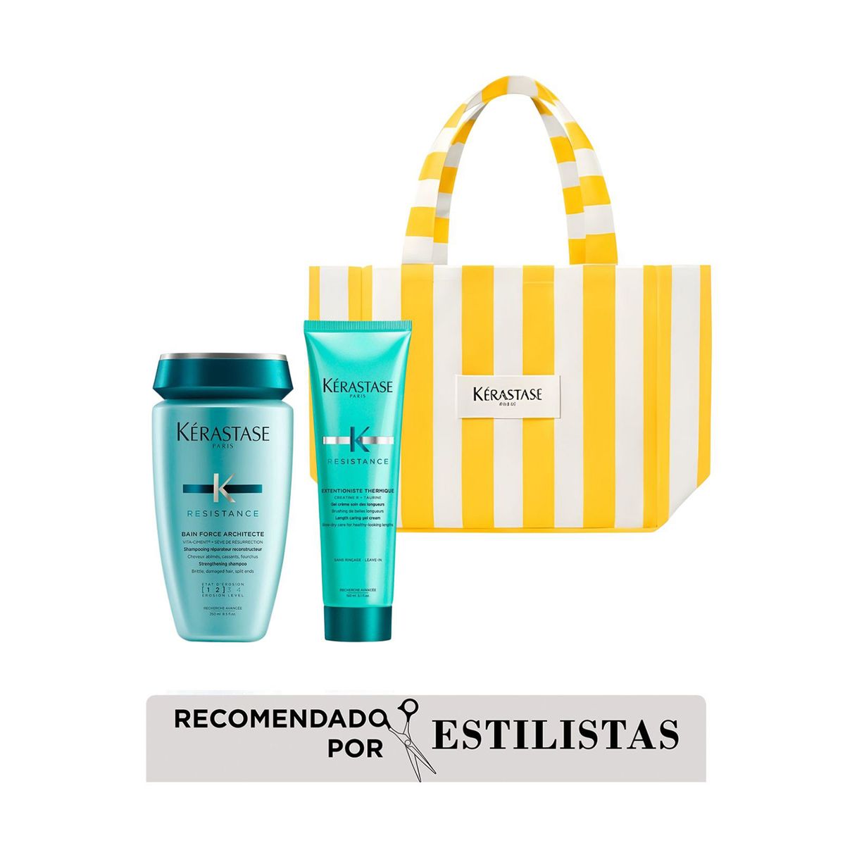 KERASTASE - Kit Résistance kérastase x Summer -  Bain Force Architecte Reparación Cabello Dañado  250ML, Sérum Termoprotector Résistance Thérapiste Cabello Muy Dañado 30ml, tote bag Yellow White
