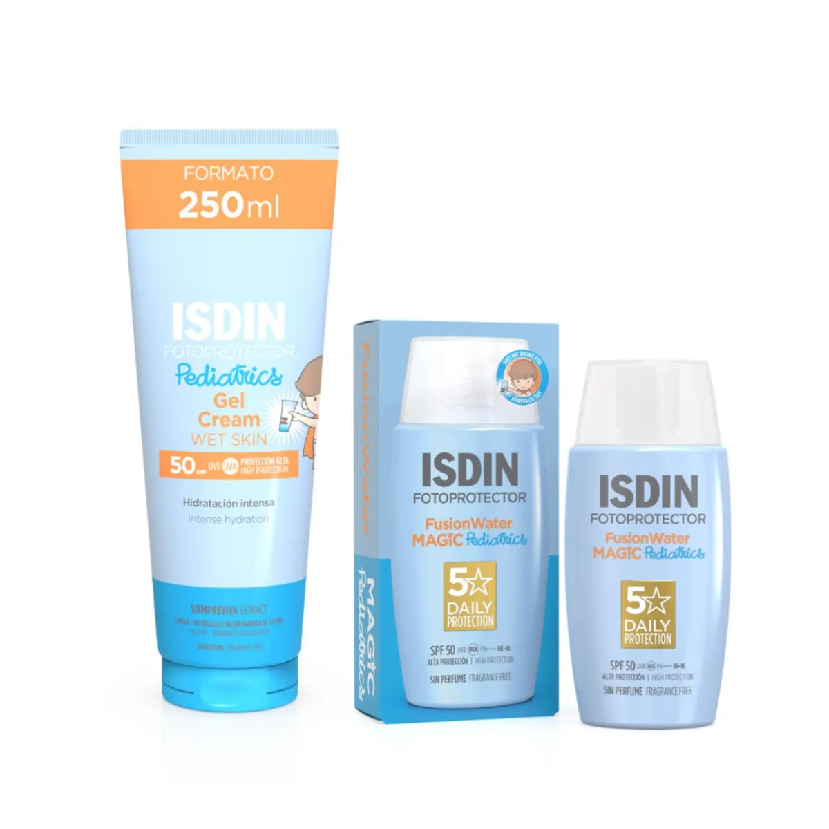 ISDIN - Pack Fotoprotector Isdin Pediatrico Gel Crema Wet Skin 50 + Fotoprotector Isdin Pediatrics Fusion Water Magic