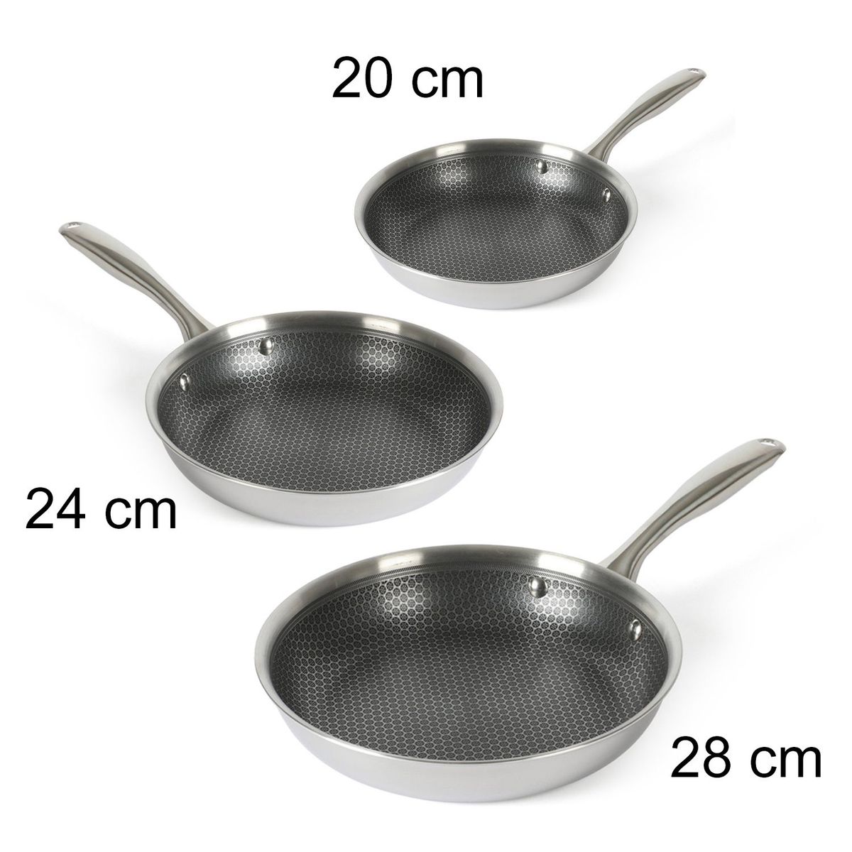 OSTER - Set x3 Sartenes Acero Inoxidable Antiadherente Oster 20 cm, 24 cm y 28 cm