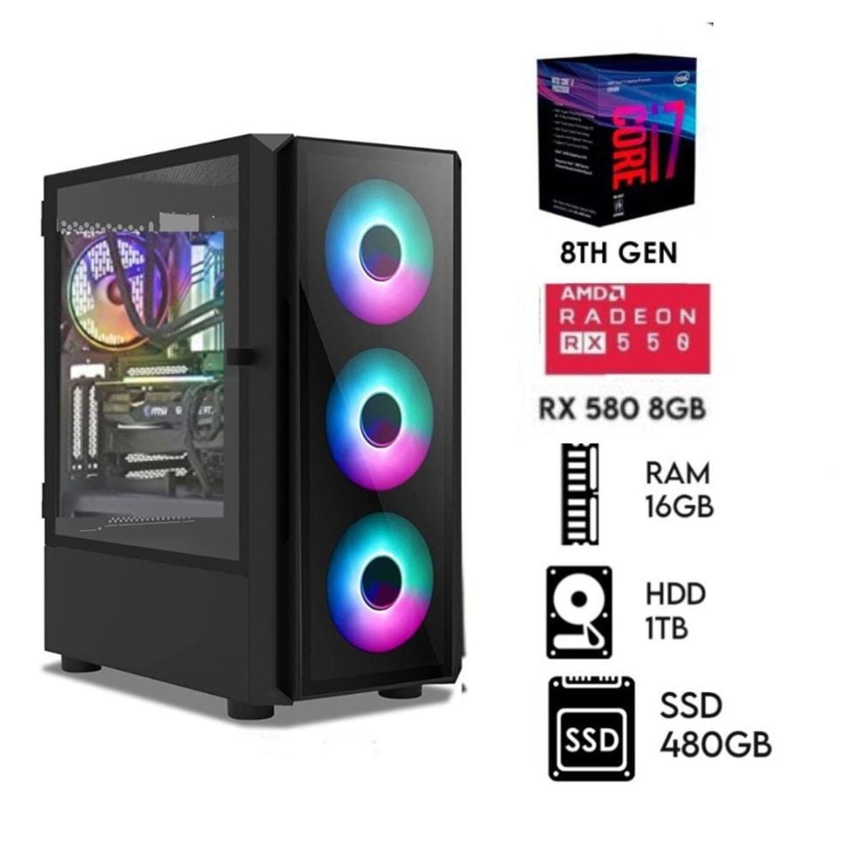 INTEL - Computadora PC Gamer Core i7 3.2Ghz Ram16GB, HDD 1TB+SSD 480GB VIDEO RX 580 8GB.