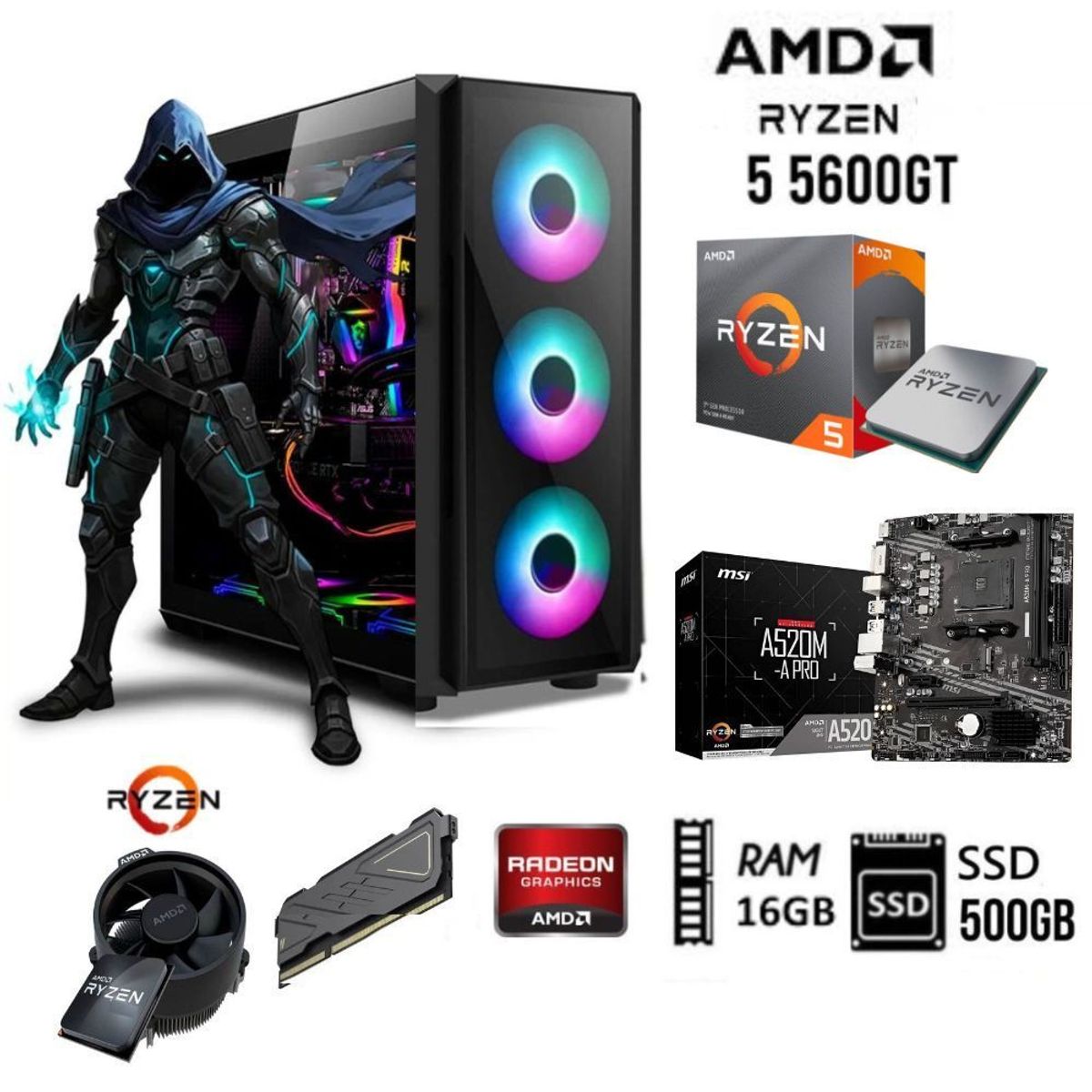 AMD CORP - COMPUTADORA PC GAMER RYZEN 5-5600GT 3.2Ghz RAM 16GB  DISCO SSD 500GB CASE RGB