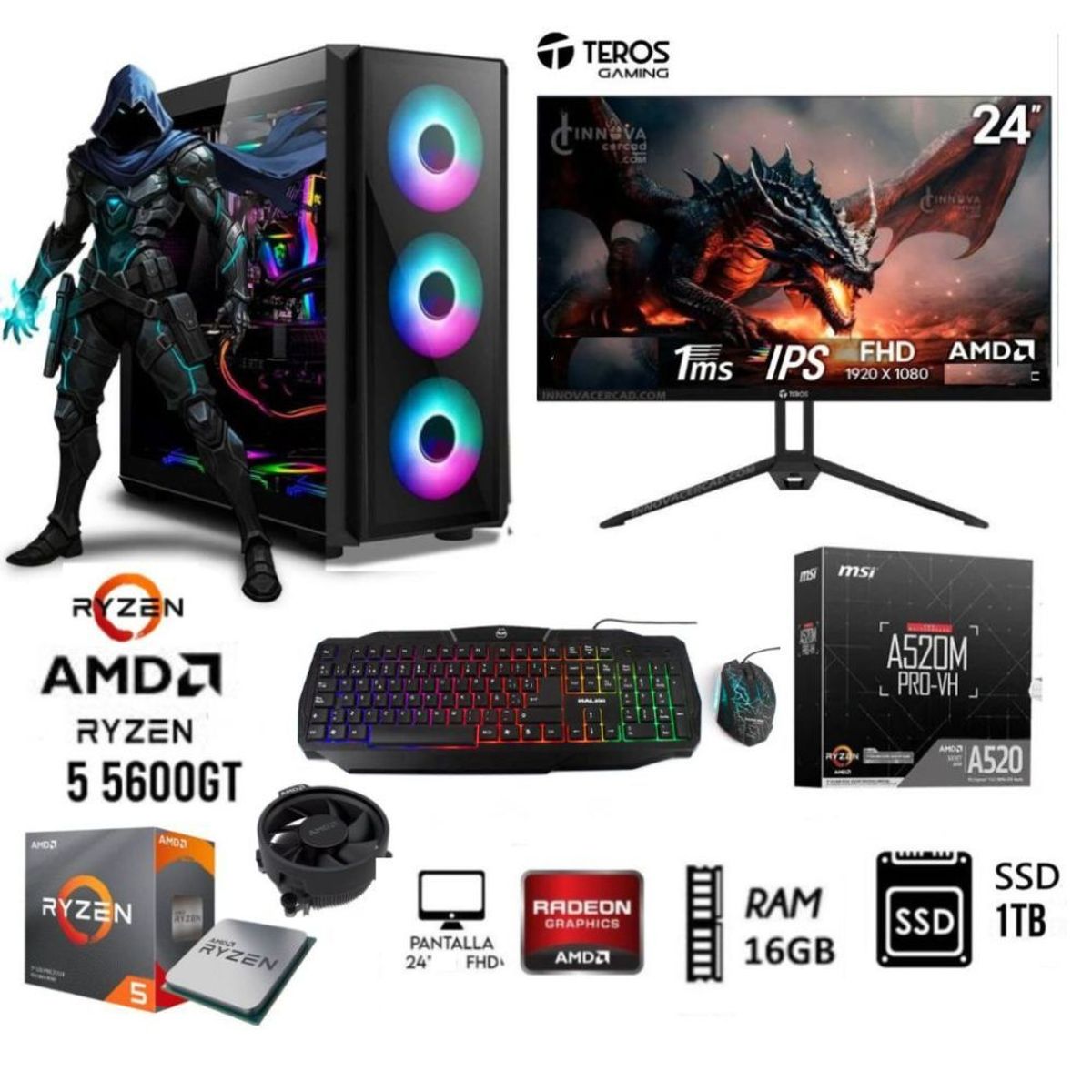 AMD - COMPUTADORA PC GAMER RYZEN 5 5600GT +RAM16GB+ DISCO SSD 1TB  MONITOR 24 FHD