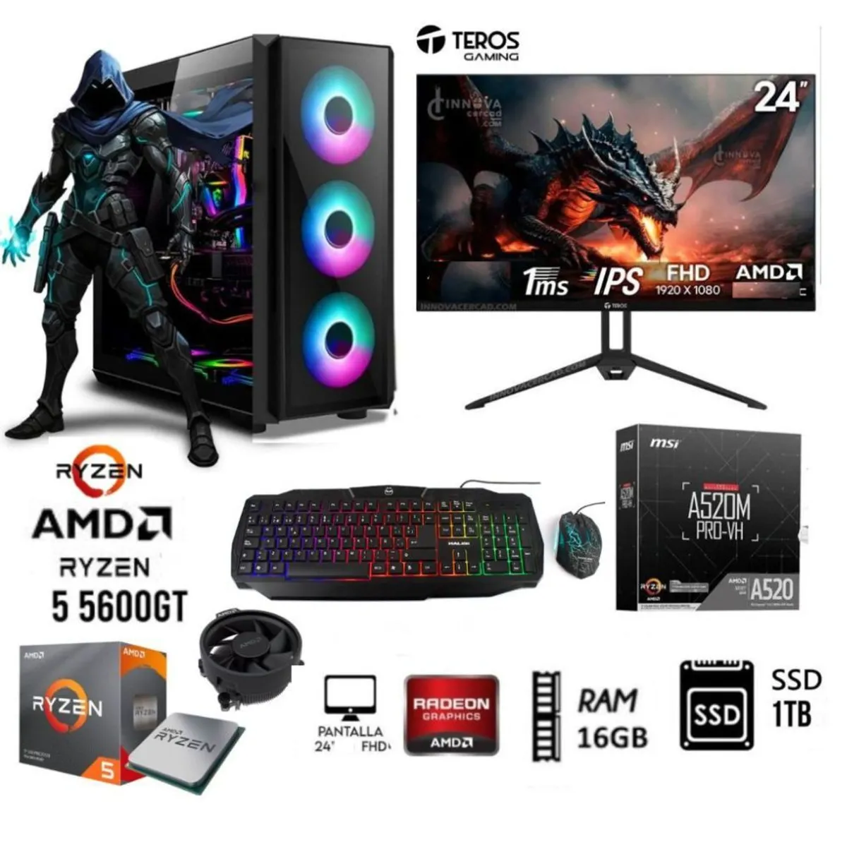 AMD - COMPUTADORA PC GAMER RYZEN 5 5600GT +RAM16GB+ DISCO SSD 1TB  MONITOR 24 FHD