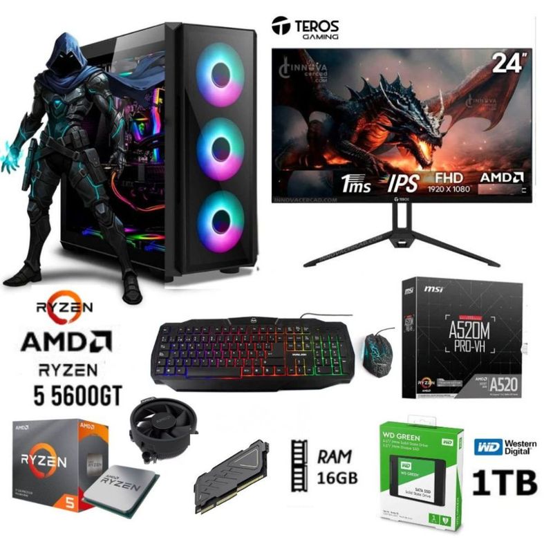 AMD - COMPUTADORA PC GAMER RYZEN 5 5600GT +RAM16GB+ DISCO SSD 1TB  MONITOR 24 FHD