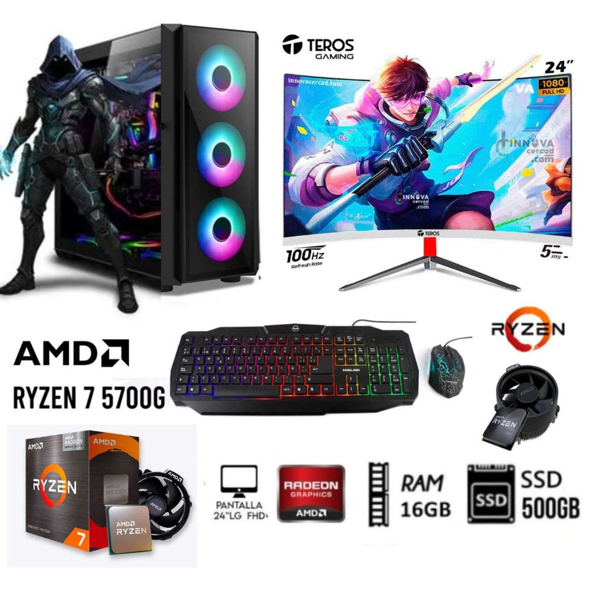 AMD - COMPUTADORA PC RYZEN 7 5700G +RAM 16GB +DISCO SSD 500GB +MONITOR 24 FHD