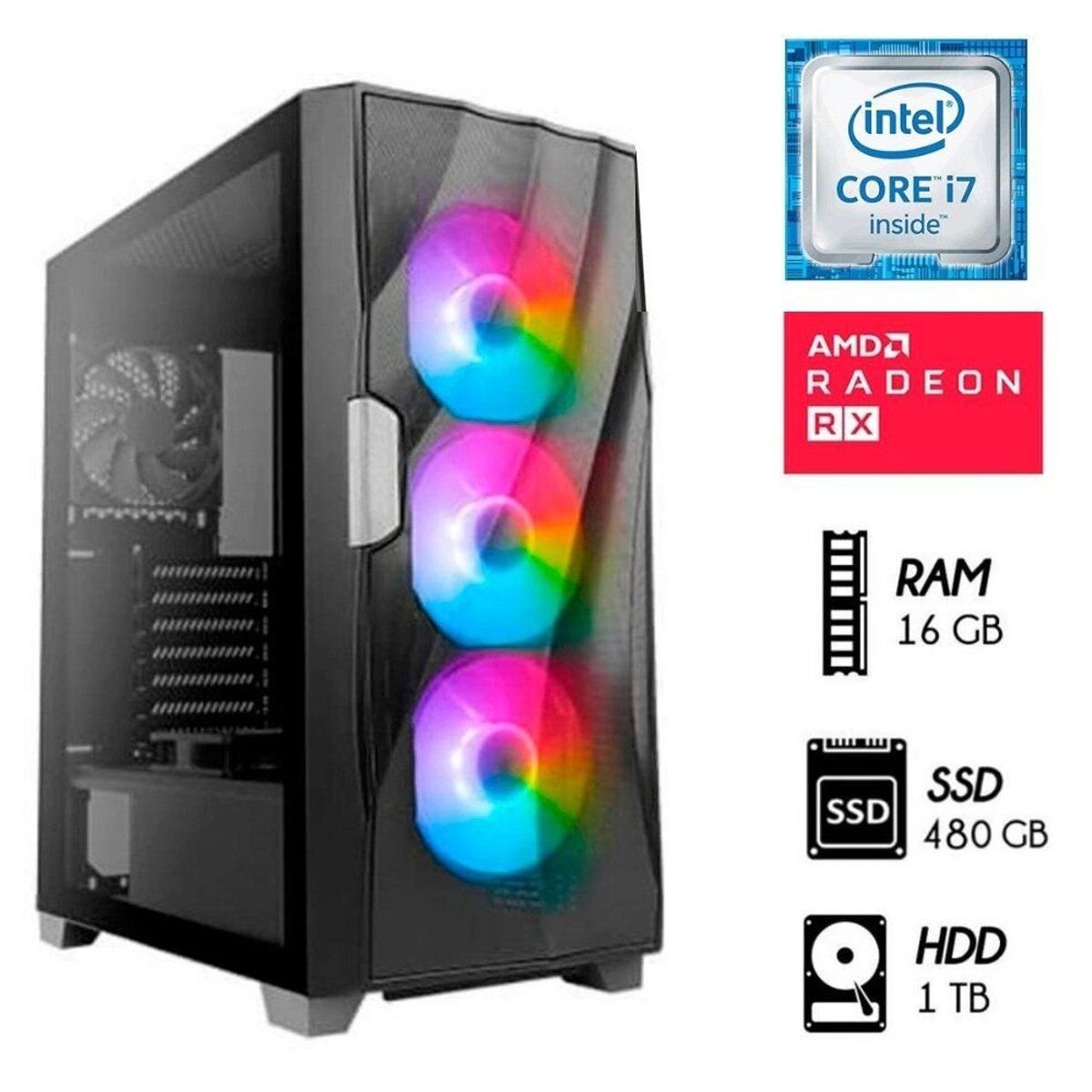 INTEL - Computadora Gamer Core i7 3.2 Ghz RAM 16GB DISCO 1TB+SSD 480GB VIDEO RX 570 8GB.