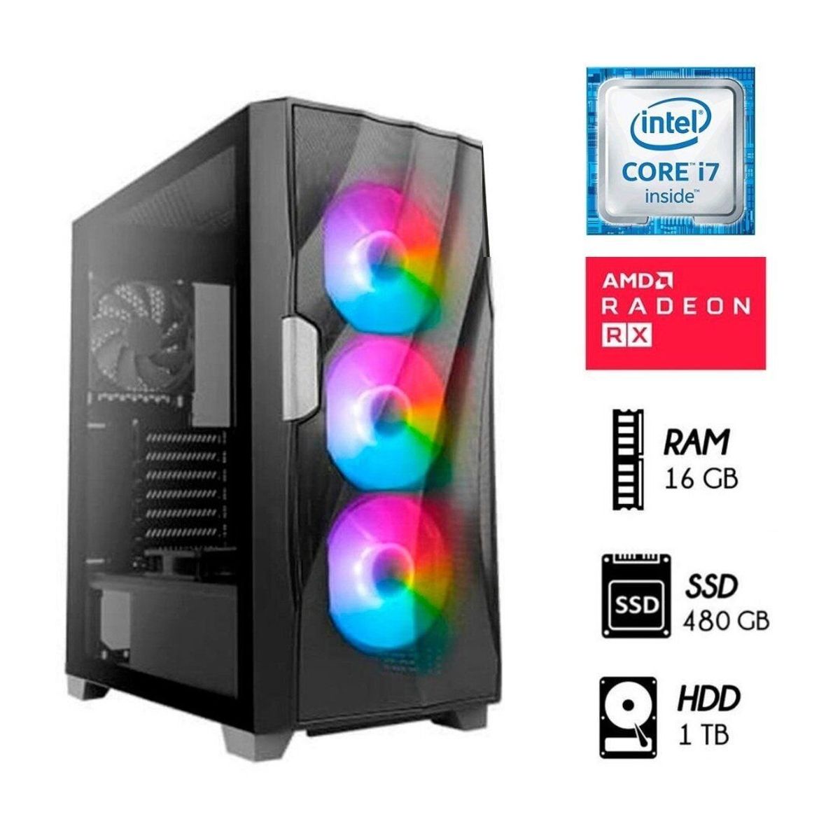 INTEL - Computadora Gamer Core i7 3.2 Ghz RAM 16GB DISCO 1TB+SSD 480GB VIDEO RX 570 8GB.