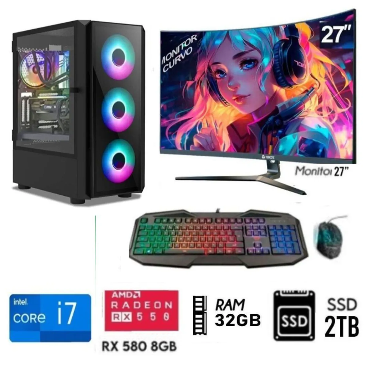INTEL - Computadora PC Gamer Core I7 Ram 32GB  DISCO SOLIDO SSD 2TB Video RX 580 8GB M27"