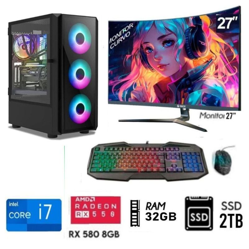 INTEL - Computadora PC Gamer Core I7 Ram 32GB  DISCO SOLIDO SSD 2TB Video RX 580 8GB M27"