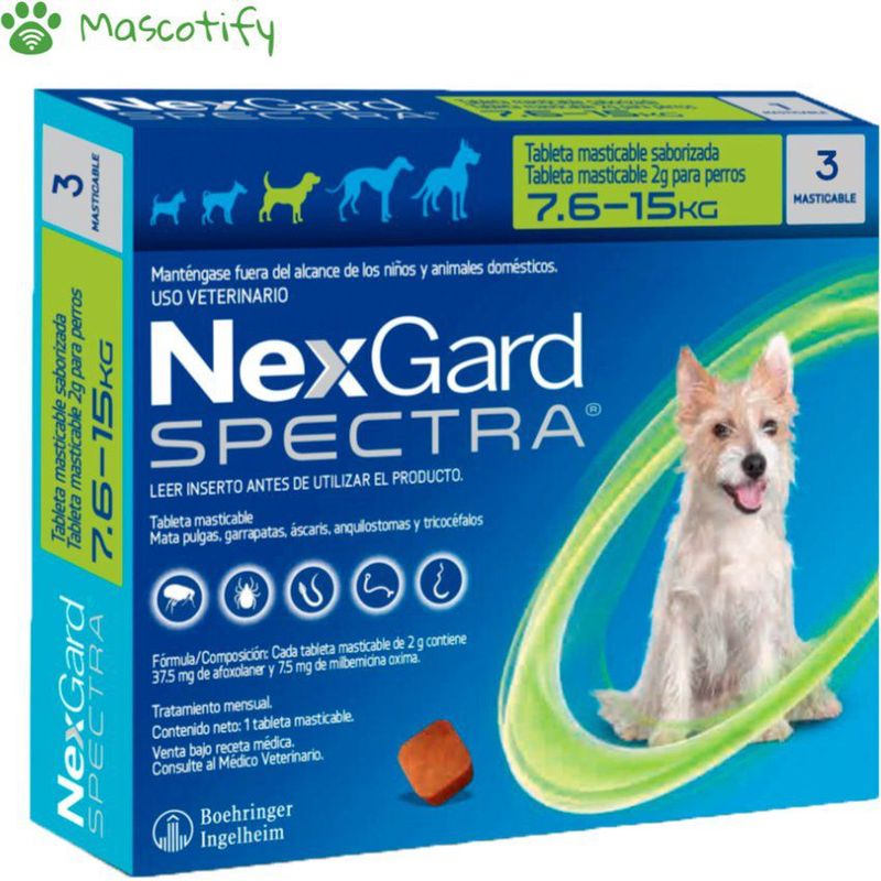 NEXGARD - Nexgard Spectra 7.6 a 15kg x3 tabs - Antipulgas antiparasitario perros