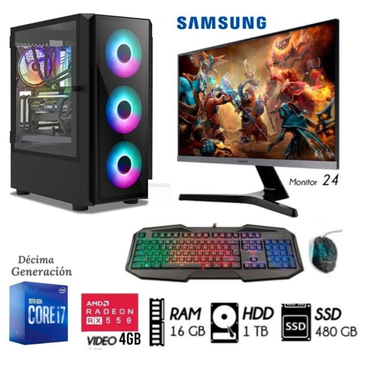 INTEL - Computadora PC Gamer Core i7-10TH Ram16 Disco 1TB +SSD 480GB  RX 580 8GB M 24´´.