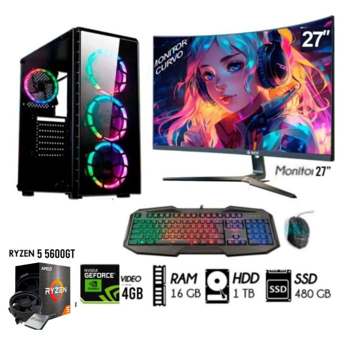 AMD CORP - PC GAMER RYZEN 5-5TH RAM 16GB DISCO 1TB+SSD 480GB VIDEO GT 4GB MONITOR 27