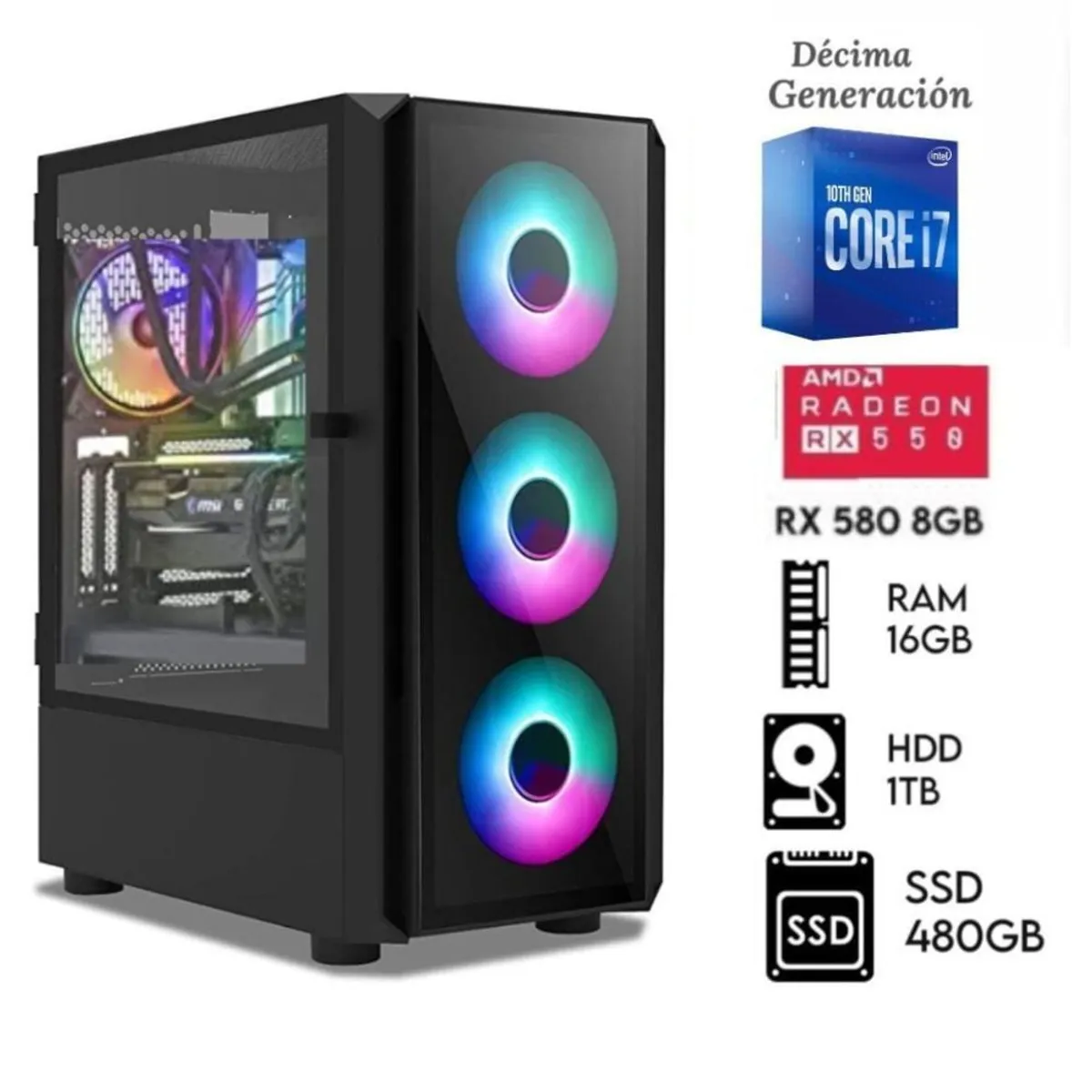 INTEL - Computadora Pc Gamer  Core I7-10TH Ram16Gb Disco1Tb SSD 480GB Video RX 580 8GB