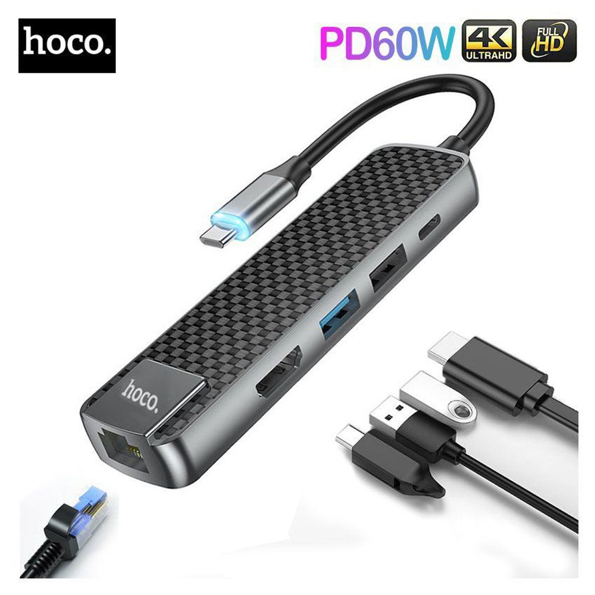 HOCO - Hub adaptador 5 en 1 usb-c 4k hdmi rj45 aluminio 60w pd usb 3.0