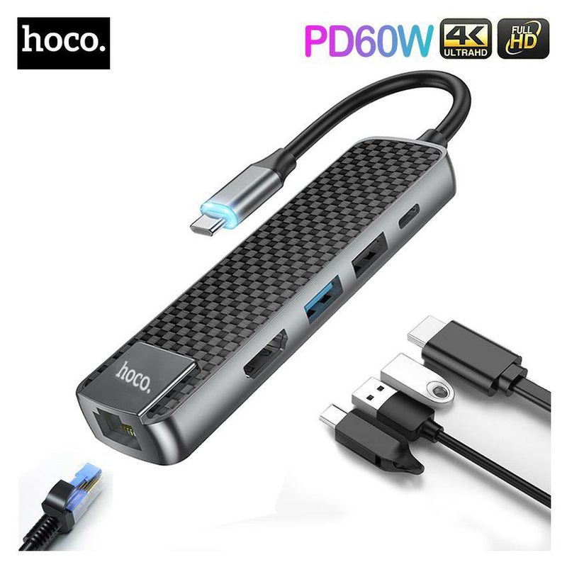 HOCO - Hub adaptador 5 en 1 usb-c 4k hdmi rj45 aluminio 60w pd usb 3.0