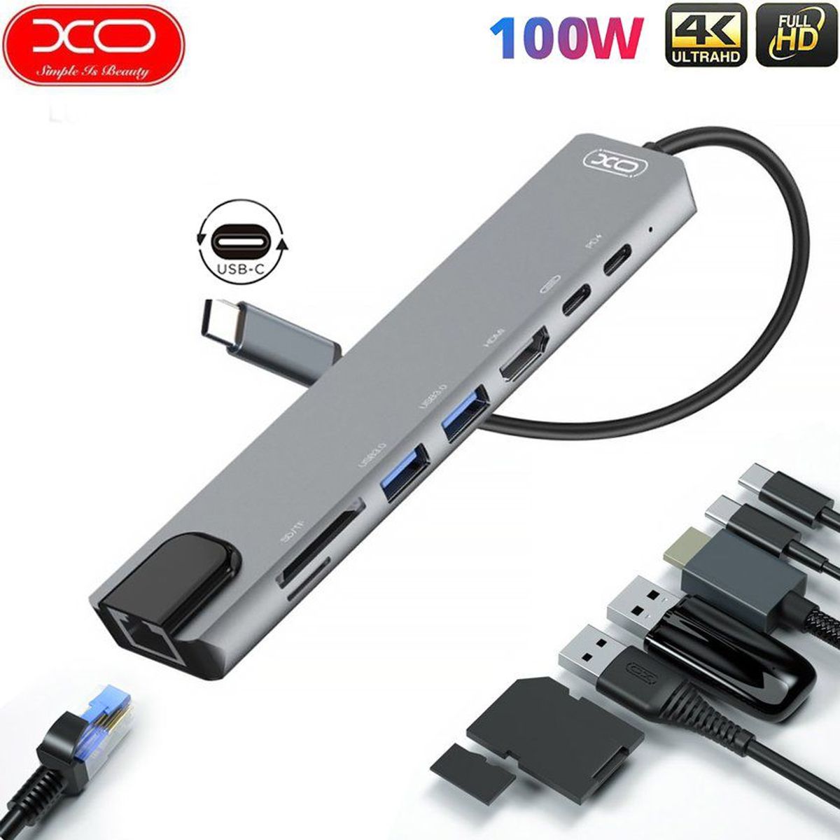 XO SIMPLE IS BEAUTY - Hub adaptador 8 en 1 usb-c 4k hdmi rj45 aluminio 100w usb 3.0