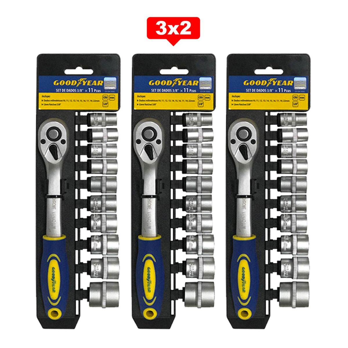 Goodyear - Set de Dados Goodyear 11pcs 3/8" pulgadas CRV 3X2
