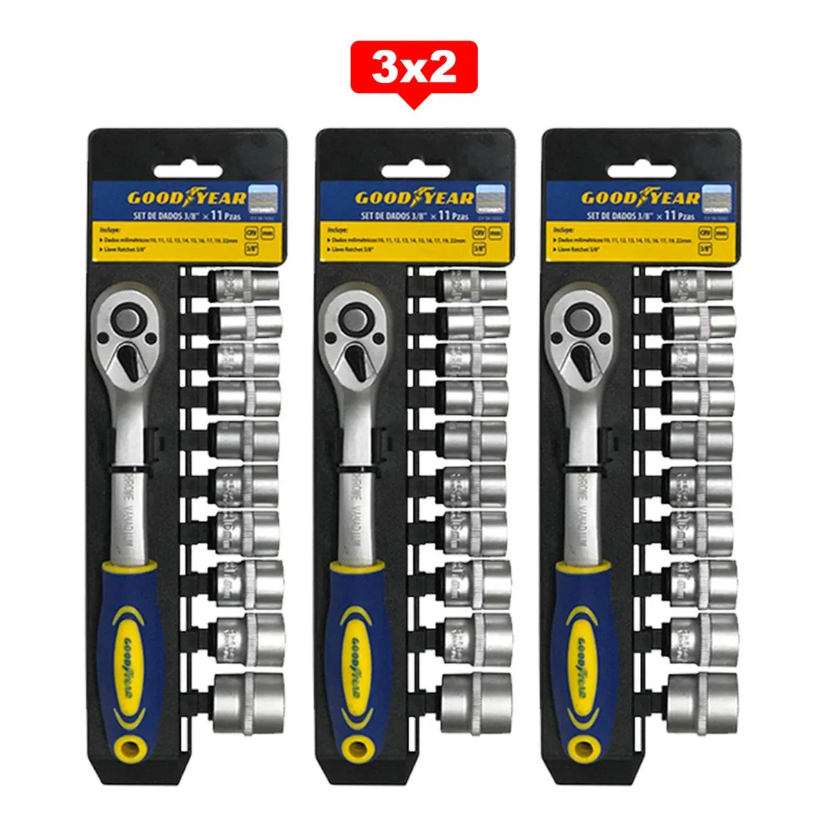 Goodyear - Set de Dados Goodyear 11pcs 3/8" pulgadas CRV 3X2