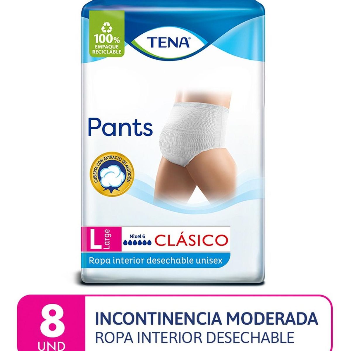 TENA - Ropa interior desechable adultos tena pants clásico l 8un
