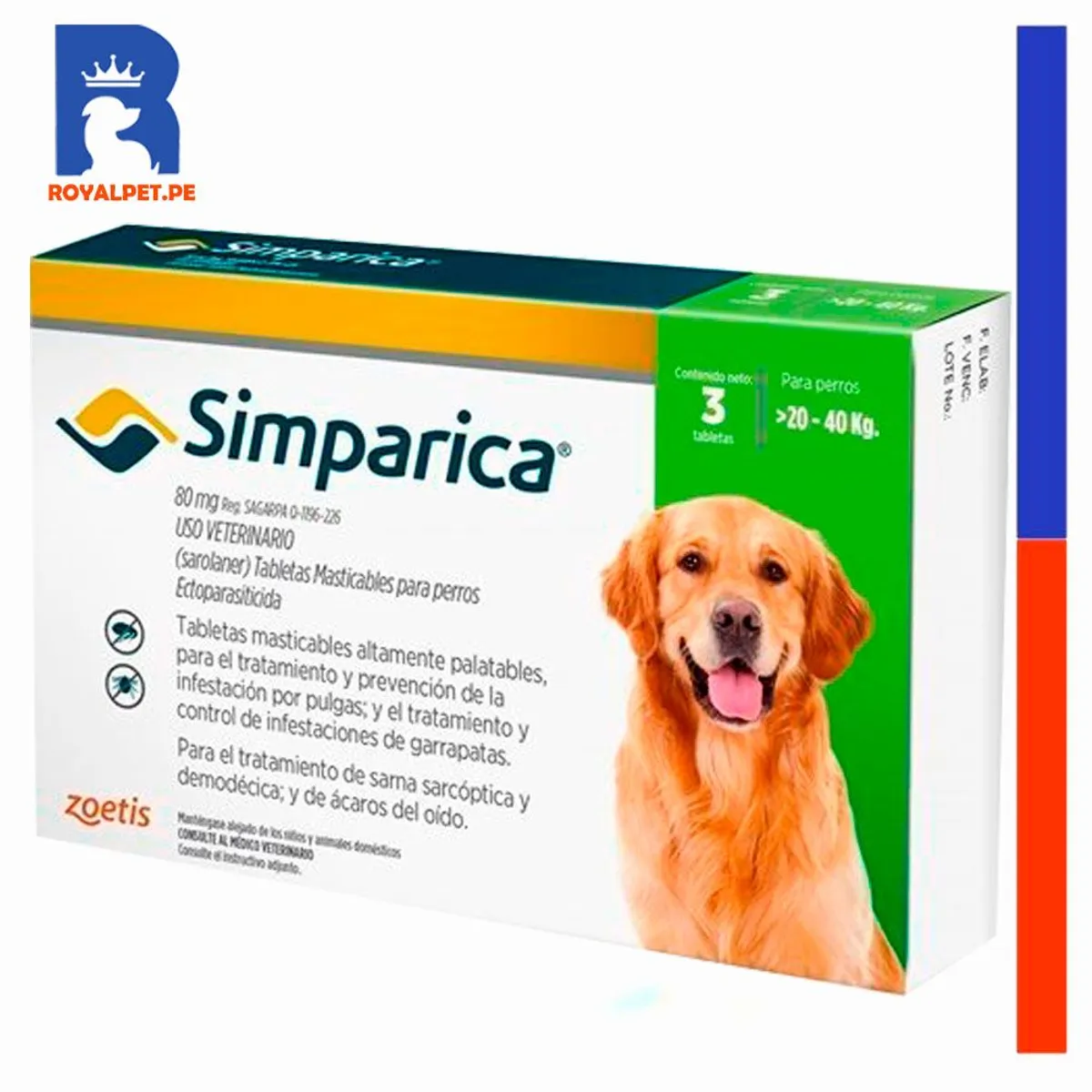 SIMPARICA - Antipulgas Para Perro Simparica 20 a 40 kg 80 mg caja 3un